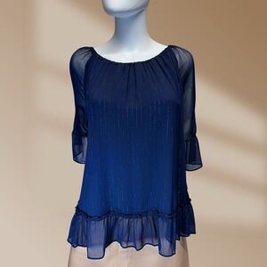 Massini Chiffon Bell Sleeve Women's Navy & Silver Threads Top Blouse NWOT